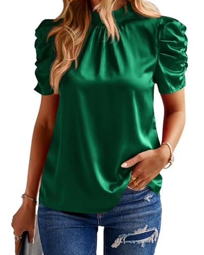 BTFBM Womens Tops 2026 Dressy Casual Blouses Summer Spring Clothes Mock Neck Short Sleeve Shirts Business Work Fall Outfits(Solid Dark Green, XX-Large) - Image 1