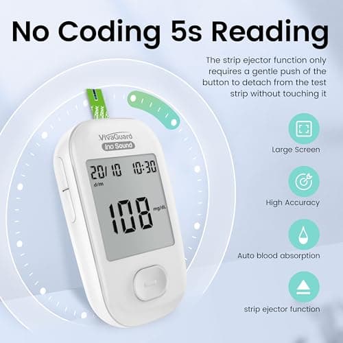 VivaGuard Talking Blood Glucose Monitor Kit,1 Glucose Meter 1 Lancing Device 100 Glucometer Strips & 100 Lancets,Blood Sugar Diabetes Testing Kit for Home use with Carrying Case Batteries,No Coding - Thumbnail 3