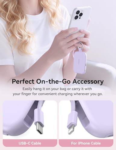 RORRY Portable Charger, 5000mAh Portable Charger Power Bank with Built-in Cables, Travel Keychain Charger Battery Pack for iPhone 17/16/15/14/13/12, for AirPods 2/3/4/Pro, Purple - Thumbnail 2