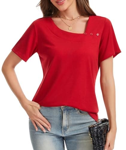 MFAVIP Short Sleeve Shirts for Women Tunic Tops Asymmetric Square Neck with Decorative Buttons Loose Fit Summer Casual Burgundy - Image 1