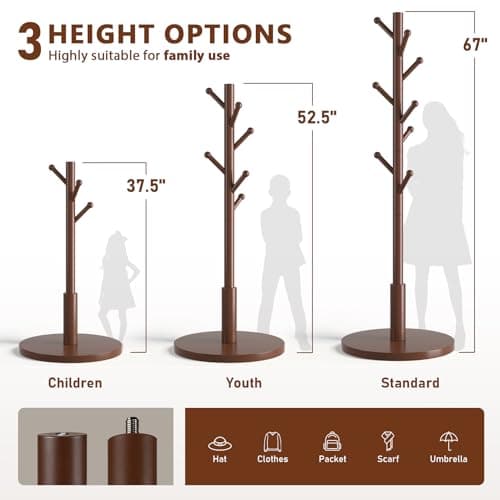 ACIPENSER Coat Rack Freestanding Wooden Coat Tree Stand with 8 Round-tip Hooks, 3 Adjustable heights Coat Hat Rack for Entryway,Bedroom,Hallway,Office (Brown) - Thumbnail 2