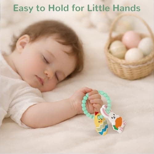 Easter Teething Ring for Baby, Bunny Carrot & Chick Egg Silicone Teether Bracelet, Sensory Chew Toys for Newborns & Infants 3–12 Months, Easter Basket Stuffers for Toddlers, Baby First Easter Gift - Thumbnail 5