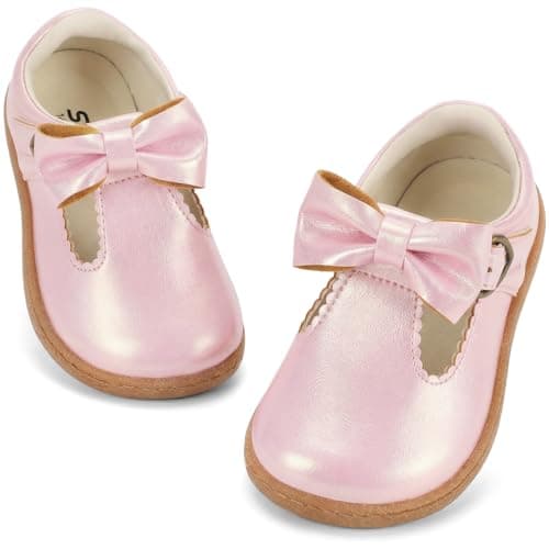 STQ Toddler Girls Dress Shoes Wide Toe Box Mary Jane Flats Ballet Wedding School Uniform Flower Ballerina Baby First Walking 6-12 12-18 Months Babies Casual with Zero Drop Pink Toddler Size 5 - Image 1