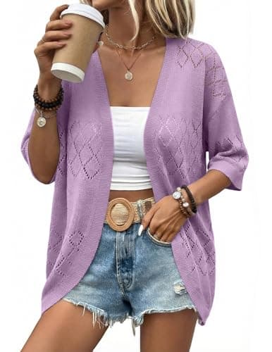 Zeagoo Womens 2026 Lightweight Crochet Cardigan Sweaters Open Front 3/4 Sleeve Knit Kimono Summer Boho Cover Up Purple - Image 1