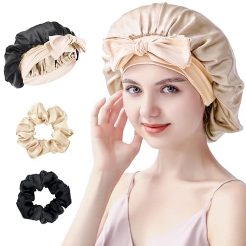 SILMANA Silk Bonnet for Sleeping Women, 22 Momme 100% Mulberry Silk Sleep Cap with 2 Matching Silk Scrunchies, Double-Sided Wearable Hair Bonnet for Night Hair Care and All Hair Types - Light Gold - Image 1