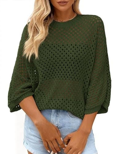 KIRUNDO Crochet Tops for Women Summer Hollow Out Batwing Sleeve Cover Up Cute Pullover Sweater Shirts Beach Vacations Clothes(Army Green, Medium) - Image 1
