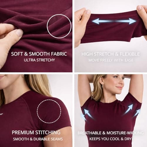 Women’s Seamless Workout Tops Short Sleeve T Shirt Stretchy Slim Fit Athletic Tee Breathable Lightweight Yoga Gym Crop Top Rose Red-M - Thumbnail 4