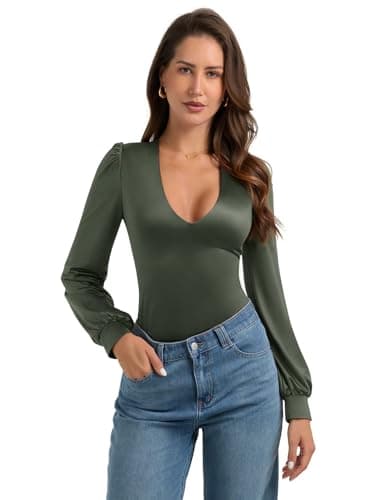 PINKMSTYLE Womens Sexy Silk Plunge V Neck Bodysuit Puff Satin Long Sleeve Blouse Going Out Outfit Army Green Small - Thumbnail 2