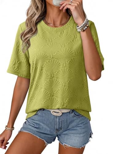 Dokotoo Womens Plus Size Tops Trendy Fashion Crew Neck Flowy Green Tops Short Sleeve Business Shirts Casual Floral Textured Solid Blouses Small - Image 1