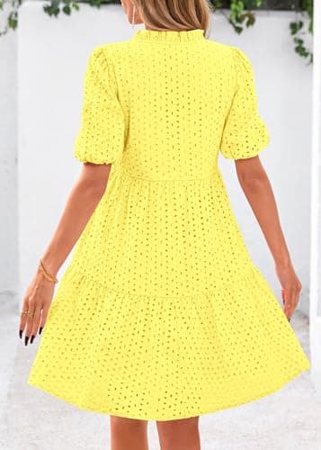 KIRUNDO Eyelet Summer Dresses for Women 2026 Mini Casual Hollow Out Short Sleeve Lace Tiered V Neck Shift Dress Pockets(Yellow, Large) - Thumbnail 2