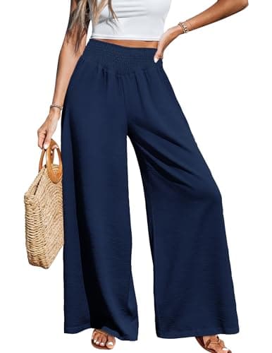 LOOKBOHO Women's Wide Leg Pants 2026 Summer Bootcut High Waist Travel Flowy Palazzo Casual Lightweight Smock Baggy Slacks Trouser with Pockets Navy Blue X-Large - Image 1