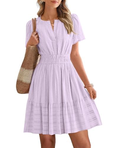 BTFBM Womens Spring 2026 Casual Mini Dresses Lightweight Short Sleeve V Neck Elastic Waist Cute Boho Beach Dress Pockets(Light Pink Purple, XX-Large) - Image 1