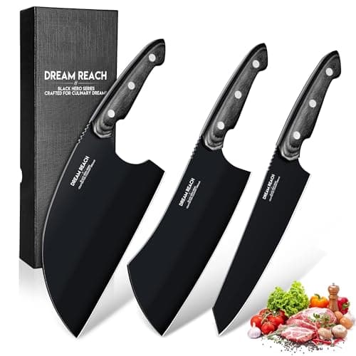 Dream Reach Butcher Knife Set - 3PCS Black Cleaver Knives Kit for Meat Cutting BBQ Outdoor Hand Forged Serbian Chef Cleaver for Mother Father Gift Idea - Image 1