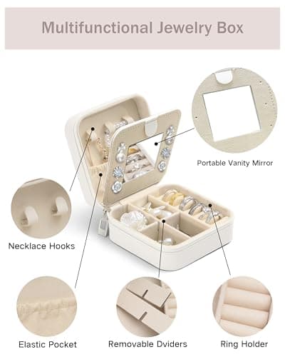 Personalized Jewelry Travel Case(with mirror) with Your Name and Birth Flower,Personalized Gifts for Women - Festival gifts, Bridesmaids Gifts, Small Travel Jewelry Box Organizer for Girls (white) - Thumbnail 4