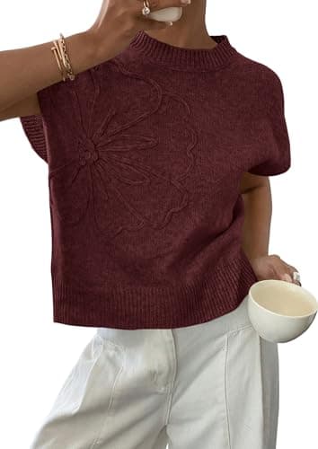 PRETTYGARDEN Women's 2026 Spring Sweater Vest Trendy Flower Knit Short Sleeve Cute Pullover Tank Tops Summer Fashion Clothing (Red Brown,Medium) - Image 1