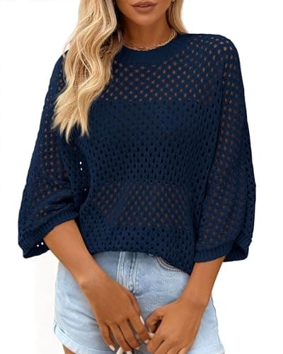KIRUNDO Crochet Tops for Women Summer Hollow Out Batwing Sleeve Cover Up Cute Pullover Sweater Shirts Beach Vacations Clothes(Navy, XX-Large) - Image 1