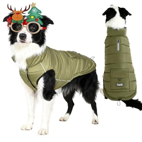 Dog Winter Puffer Jacket Waterproof, Reflective Furry Fleece Lined Dog Coats for Small Medium Dogs, Warm Snow Coat, Insulated Cold Weather Dogs Vest Jackets with Leash Hole, Olive - Image 1