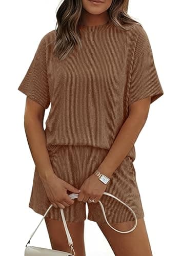 KIRUNDO 2 Piece Sets for Women Summer Shorts Lounge Set Matching Ribbed Knit Short Sleeve Top Airport Travel Vacation Outfits(Brown, X-Large) - Image 1