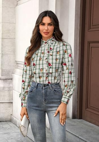 LOOKBOHO Women's Spring Blouse 2026 - Ruffle Collar Button Down Tops Dressy Elegant Plaid Retro Shirts for Casual, Office, Work, Everyday Wear Green Gingham Large - Thumbnail 5
