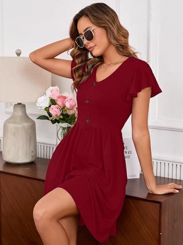 Heymoments Women Summer Dress Burgundy Large Ruffle Sleeve V Neck Casual Cute Loose Sundress Comfy Swing Button Down Midi Work Flowy Tunic Ladies Beach Vacation Teacher Dresses with Pockets - Thumbnail 2