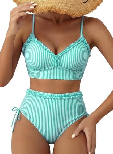 Herseas Women's Splice Ruffle Trim Bikini Sets Tie Side Wire Free Swim Suits 2026 Removable Pads High Waisted Stretchy Bathing Suits Green Stripes Vintage Holiday Teens Outfits X-Large - Image 1