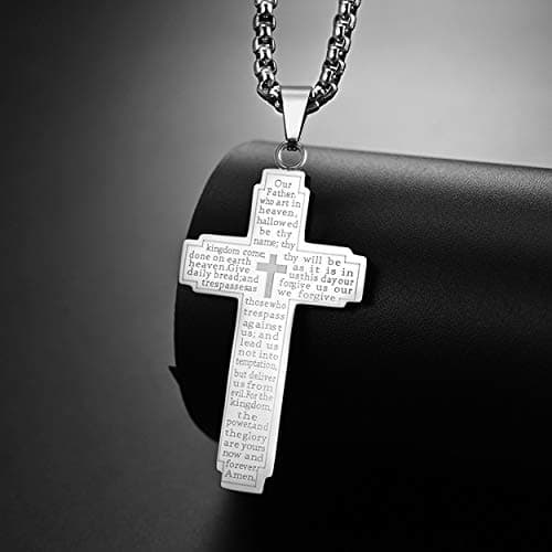 Rehoboth Stainless Steel Our Father Lord's Prayer Cross Pendant Necklace for Women Men Chain 24 Inch Silver - Thumbnail 3