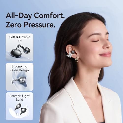 Kinglucky ClipFree A20 Open-Ear Earbuds with Butterfly Earrings, Secure & Comfort Fit, Premium Sound Clip-On Earbuds with Digital Display, 50H Playtime Bluetooth 5.4 Wireless Headphones Black - Thumbnail 3
