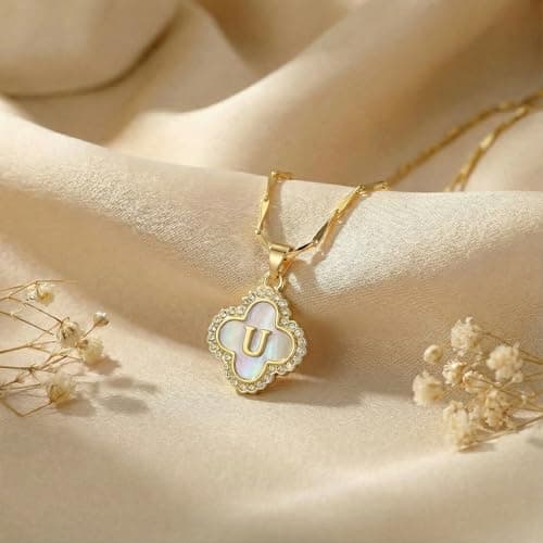 LETFLY Four Leaf Clover Initial Necklaces for Women, 14K Gold Plated Natural Shells Clover Letter Pendant, Alphabets U Necklace Jewelry Gifts for Women - Thumbnail 4