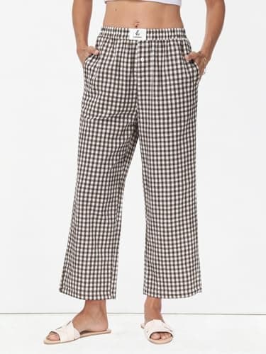 Lallabai 2026 Women Striped Gingham Palazzo Cropped Pants Lounge Boxer Pajama Pants Wide Leg PJ Bottoms Trousers with Pockets - Thumbnail 2