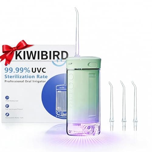KIWIBIRD Mini Water Flosser for Travel, Ultra-Portable Cordless Oral Irrigator with UVC Light, IPX8 Waterproof 3 Modes, 230mL Teeth Cleaner for Tonsil Stones & Braces Care - Home & Travel (Green) - Image 1