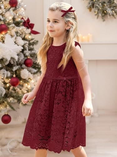 ALLOVIN Girls & Toddlers Sleeveless A-Line Lace Party Dress Birthday Wedding & Flower Girl Dress with Beaded Bowknot | Burgundy | 8-9Y - Thumbnail 2