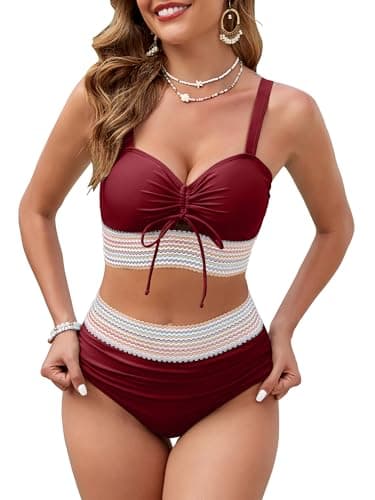 VIAURBE Women High Waisted Bikini Sets Tummy Control Swimsuits Color Block Two Piece Drawstring Bathing Suit Burgundy M - Image 1