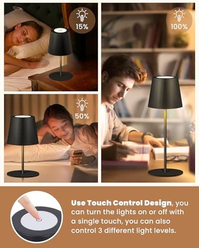 JCHPZR 2 Pack Cordless Table Lamp,Wireless Bottle Lamp,3 Level Dimming LED Portable Desk lamp,5000mAh Rechargeable Battery,One-Touch Power Off,Waterproof Outdoor,for Bedroom/Bars/Camping(Black) - Thumbnail 3
