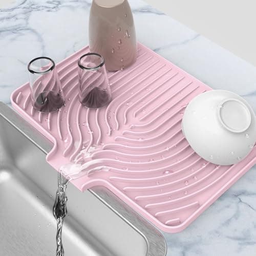 Silicone Drying Mat for Kitchen Counter , Dish Drying Rack Matt with Built in Drain, 18 Inch Dry Mats for Dishes Drying Pad for Kitchen Counter (18×12inch, pink) - Image 1