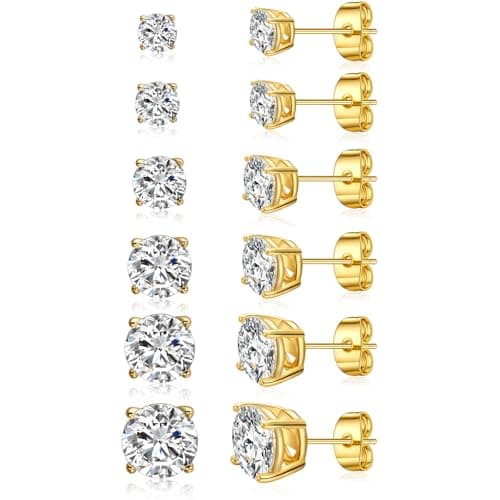 Gemsme 6 Pairs Cubic Zirconia Stud Earrings for Women/Men - Round Cut 4 Prong Settings 18K Gold Plated Hypoallergenic 3-8mm Clear Earrings Set - Gold - Image 1