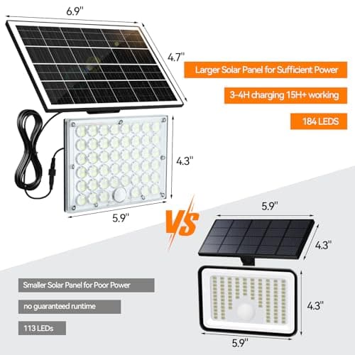 Aialun Solar Motion Lights Outdoor,3600LM Bright 184 LEDs Larger Solar Panel Security Lights 3600mAh Battery,3 Modes Flood Lights Outside 6500K IP65 Waterproof for Yard,Garage,Patio,16.4ft Cord,4Pack - Thumbnail 3