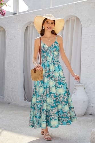Women's Maxi Dress Casual Boho Sleeveless Spaghetti Strap Smocked Long Beach Sun Dresses with Pockets - Thumbnail 3