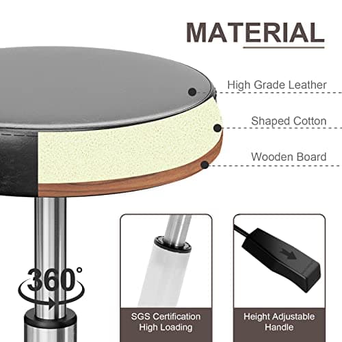 Icoget 360 Swivel Round Rolling Stool Chair, Height Adjustable Salon Shop Stool, Drafting Work SPA Medical Stools Office Chair with Wheels, Black - Thumbnail 5