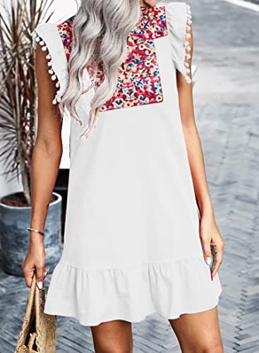KIRUNDO Women's 2026 Summer Mini Dress Spring Casual V Neck Floral Embroidered Ruffle Sleeveless Shift Flowy Boho Dress (B-White, X-Large) - Thumbnail 4