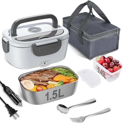 Vabaso Electric Lunch Box Food Heater, 80W Electric Heating Lunch Boxes Lunch for Car/Men/Adults/Home/Work, 1.5L Removable 304 Stainless Steel Container, 110V/12V/24V, with Fork & Spoon - Image 1