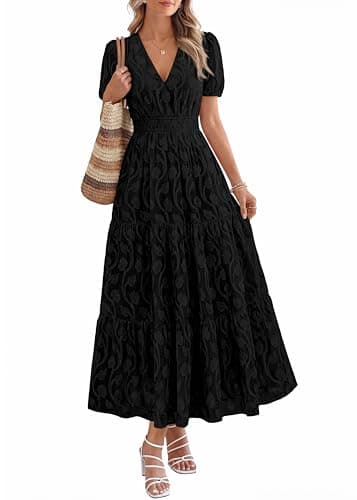 KIRUNDO Summer Dresses for Women 2026 Boho Flowy Casual Short Sleeve V Neck Elastic Waist Floral Long Baby Shower Maxi Dress(Black, Large) - Image 1
