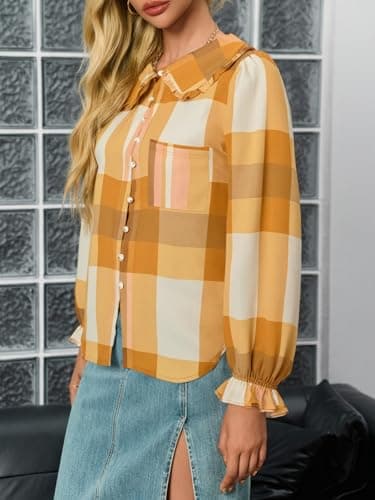 Tankaneo Womens Peter Pan Collar Button Down Shirts Long Sleeve Plaid Blouse Dressy Casual Fall Tops Yellow - Thumbnail 4