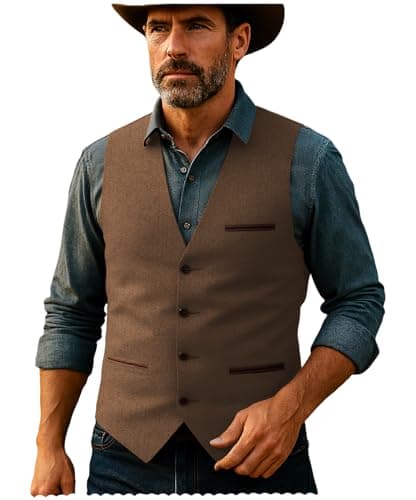 HSLS Mens Herringbone Wool Vests Tweed Suit Waistcoats Vintage Retro Slim Fit(Small, Brown) - Image 1