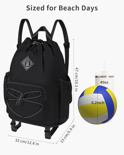 WANDF Drawstring Backpack with Removable Wet Pocket, Sandproof Beach Backpack with Bottom Compression Strap for Beach Mat, Swim Bag for Pool, Gym, Travel and Workout Gear (Black) - Thumbnail 5