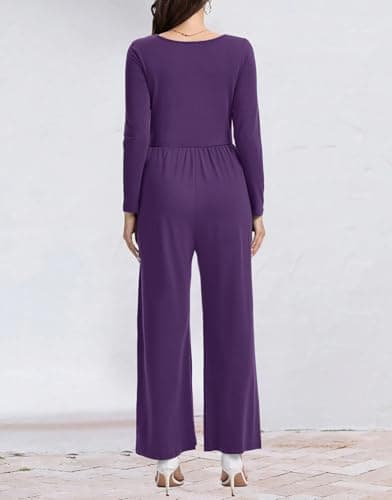 STOLKISS Dressy Jumpsuit for Women 2025 Fall Long Sleeve U-Neck Button Up Jumpsuits Spring Wide Leg Pants Rompers with Pocket - Thumbnail 5