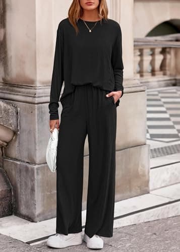 KIRUNDO Spring 2 Piece Lounge Sets for Women Long Sleeve Ribbed Knit Tops Wide Leg Pants Matching Travel Outfits Postpartum(Black, XX-Large) - Thumbnail 6
