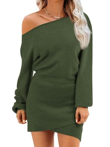 Wenrine Women's Off The Shoulder Sweater Dress 2025 Fall Winter Casual Long Sleeve Knit Slim Fit Pullover Mini Dresses Army Green