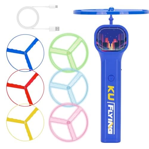 HOMQYTE Rechargeable Disc Launcher with 6 Flying Spinners for Outdoor Activities Game White Elephant Gift Fidget Toys (Blue) - Image 1