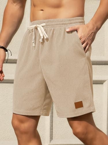 Hardaddy Mens Corduroy Shorts Casual Elastic Waist Drawstring 2026 Summer Beach Lounge Short(Light Khaki XX-Large) - Thumbnail 2