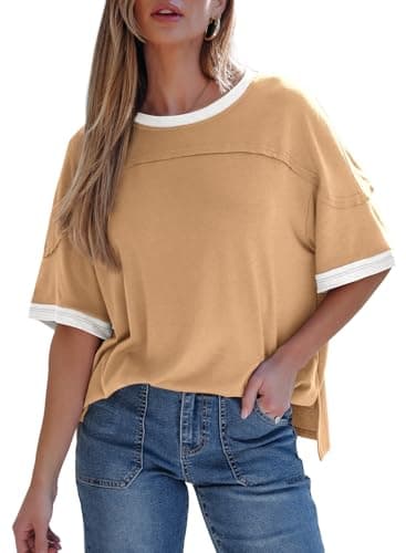 Dokotoo Womens Tops Casual Summer Crewneck Tops Short Sleeve Oversized T Shirts Fashion 2026 Side Slit Lightweight Color Block Shirts Basic Pullover Cute Loose Fit Shirts for Women Smoke Gray Large - Image 1